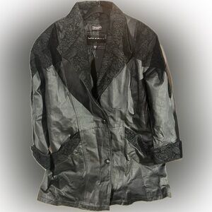 Vintage Wilsons Leather Black Velvety Floral Trim Lined Trench Coat Oversized